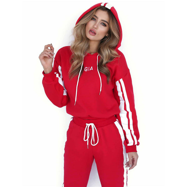 Patchwork Pullover Drawstring Two Piece Set Side Striped T