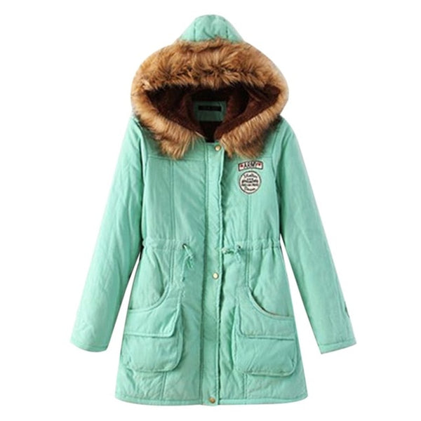 Winter Jacket Women Fur Collar Parkas Slim Zipper Parkas Wool Hat