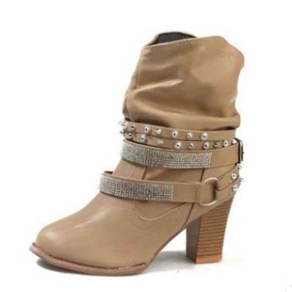 Tangnest High Heels Boots Women Boots Buckle Mid-Calf Boots Elegant
