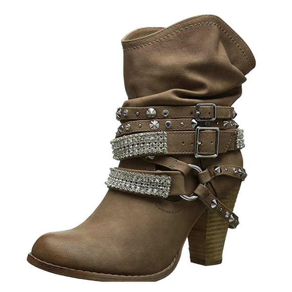 Tangnest High Heels Boots Women Boots Buckle Mid-Calf Boots Elegant