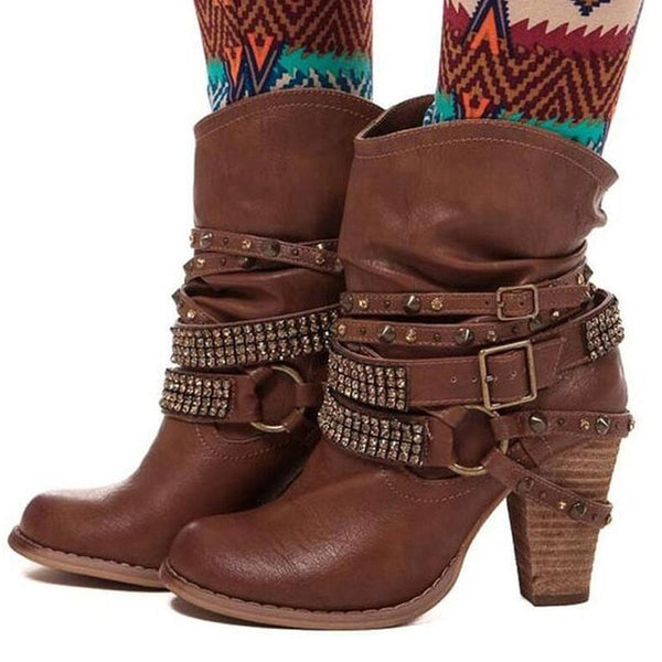 Tangnest High Heels Boots Women Boots Buckle Mid-Calf Boots Elegant