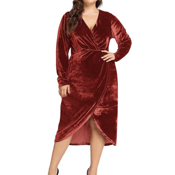 Fashion maxi velvet dress Women Casual Plus Size Solid deep V-Neck
