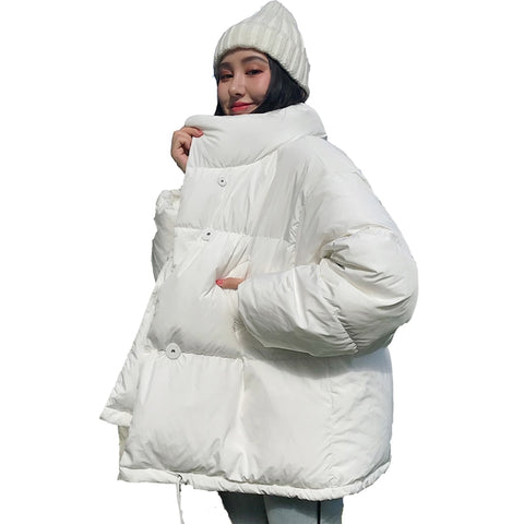 Korean Style 2019 Winter Jacket Women Stand Collar Solid Black White Female