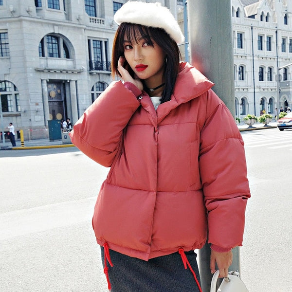 Korean Style 2019 Winter Jacket Women Stand Collar Solid Black White Female