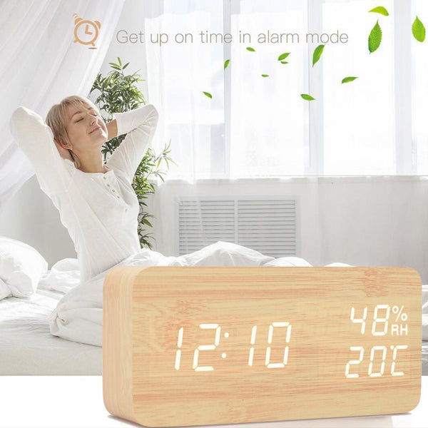 Alarm Clock LED Nightlight Student Small Alarm Clock Multifunctional Mute Wood Bedside Clock