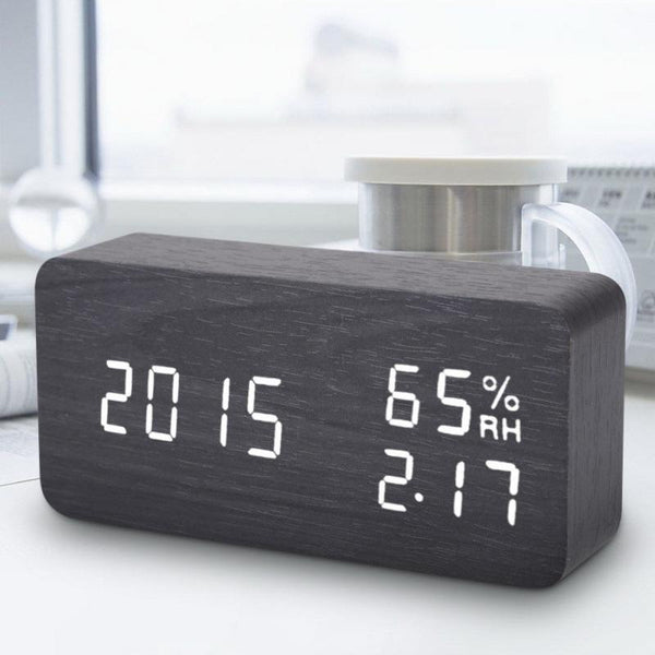 Alarm Clock LED Nightlight Student Small Alarm Clock Multifunctional Mute Wood Bedside Clock
