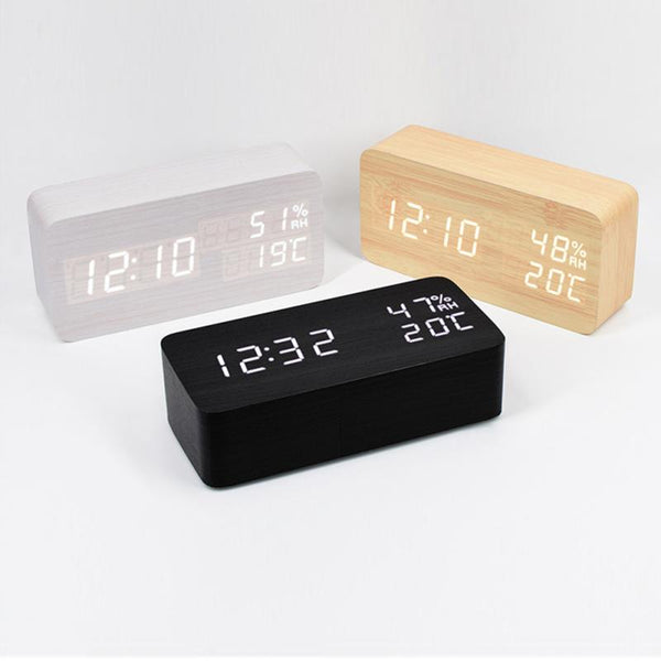 Alarm Clock LED Nightlight Student Small Alarm Clock Multifunctional Mute Wood Bedside Clock
