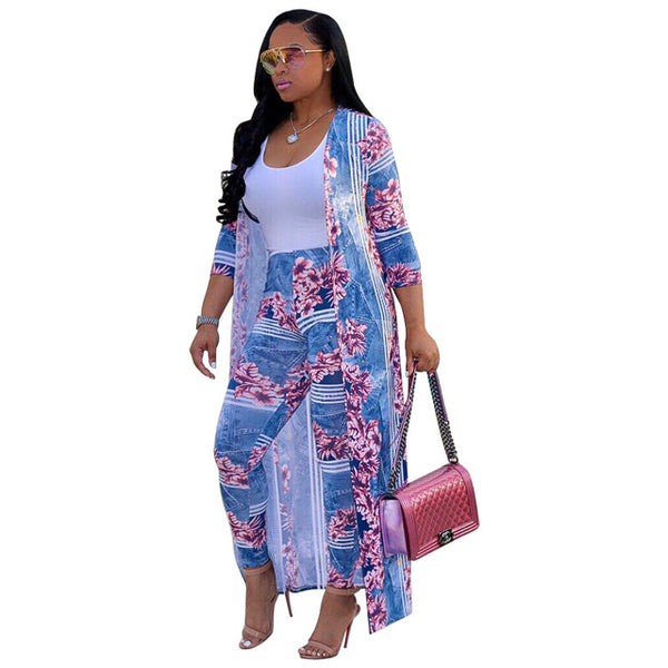Summer 2 Piece Set Women Cardigan Long Trench