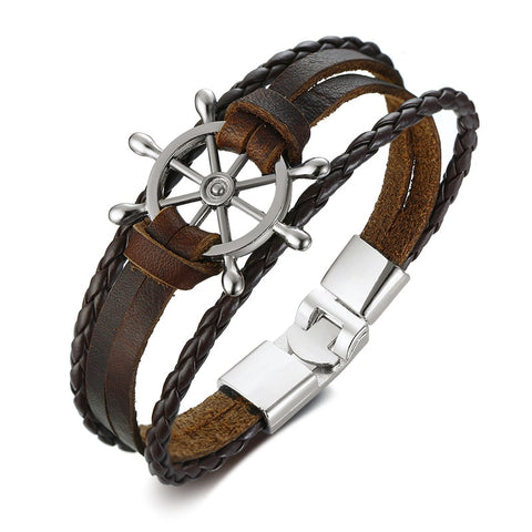 Vnox Vintage Rudder Charm Bracelet for Men Multi-layer