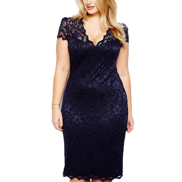 Women Plus size Lace Dress Fashion Women Summer Sexy Short Sleeve Solid