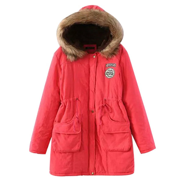 Winter Jacket Women Fur Collar Parkas Slim Zipper Parkas Wool Hat