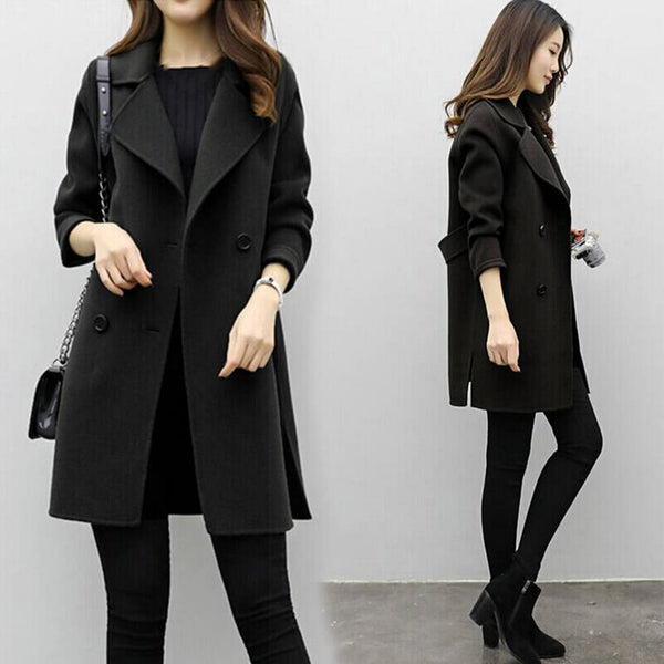 Women Wool Blend Warm Long Coat Female Slim Fit Lapel Woolen