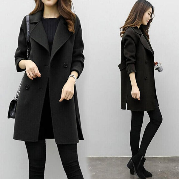 Women Wool Blend Warm Long Coat Female Slim Fit Lapel Woolen
