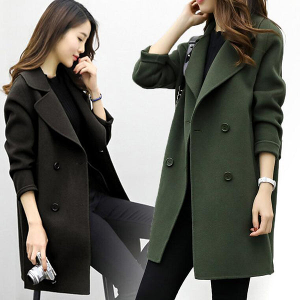 Women Wool Blend Warm Long Coat Female Slim Fit Lapel Woolen