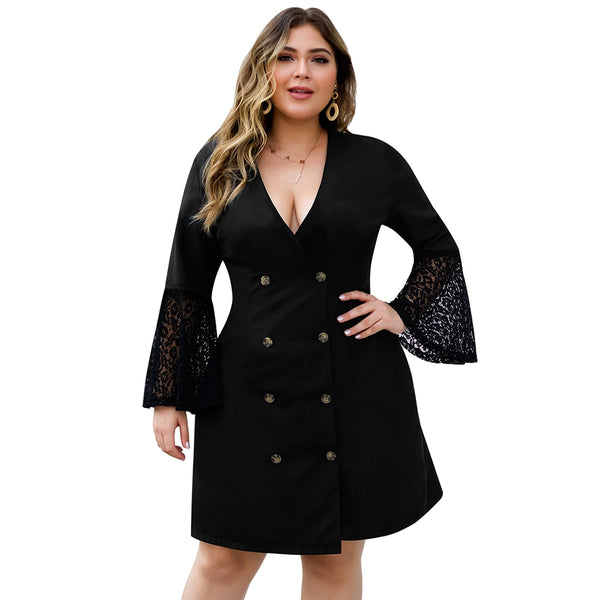 Wipalo 2019 Autumn Plus Size Women Suit Dress Lace Flare Sleeve Deep