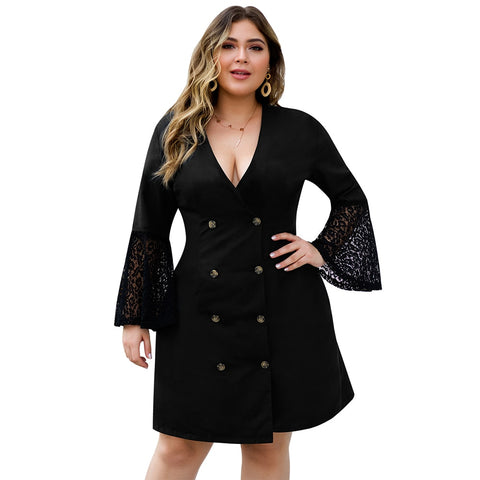 Wipalo 2019 Autumn Plus Size Women Suit Dress Lace Flare Sleeve Deep