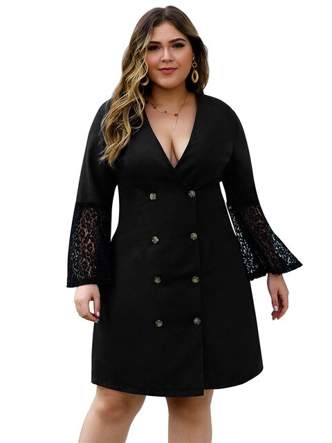 Wipalo 2019 Autumn Plus Size Women Suit Dress Lace Flare Sleeve Deep