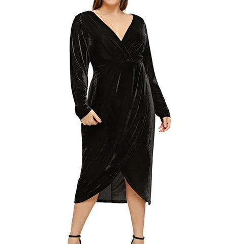 Fashion maxi velvet dress Women Casual Plus Size Solid deep V-Neck