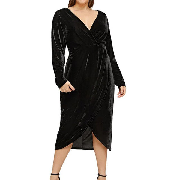 Fashion maxi velvet dress Women Casual Plus Size Solid deep V-Neck