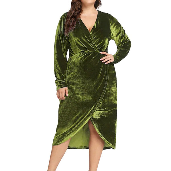 Fashion maxi velvet dress Women Casual Plus Size Solid deep V-Neck