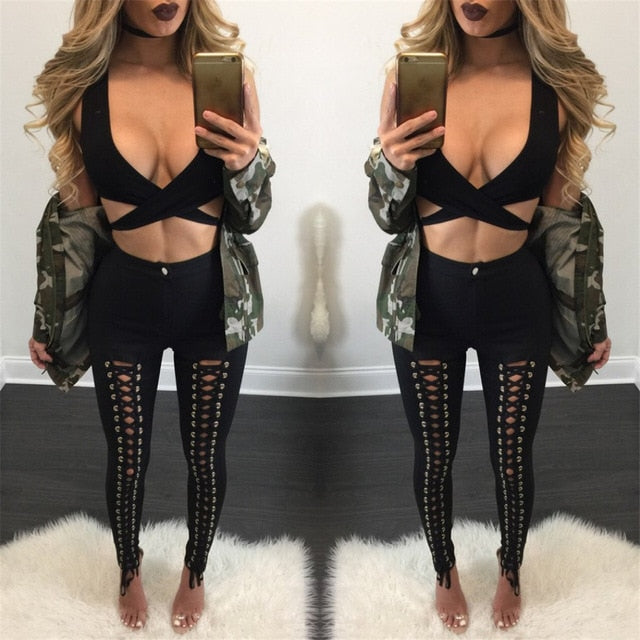 Plus Size Sexy Women Leggings Lacing Up Bottoms Autumn Winter