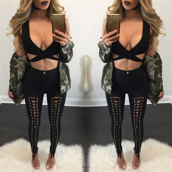 Plus Size Sexy Women Leggings Lacing Up Bottoms Autumn Winter
