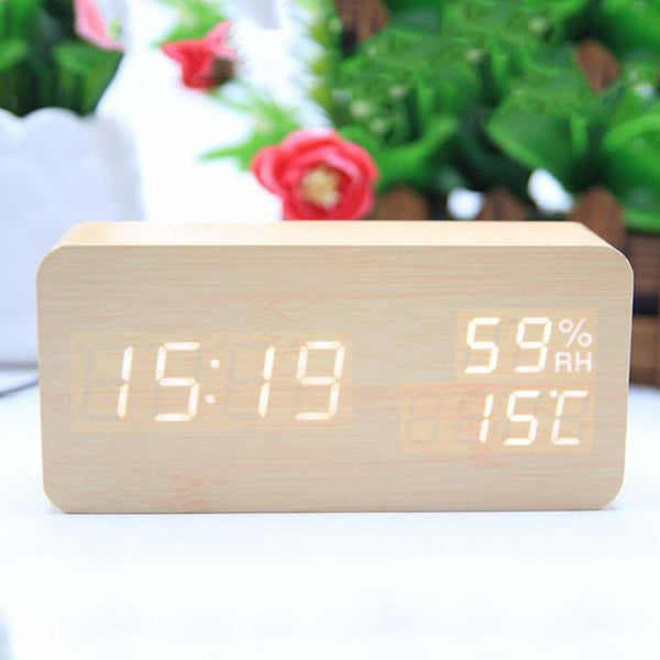 Alarm Clock LED Nightlight Student Small Alarm Clock Multifunctional Mute Wood Bedside Clock