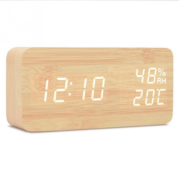 Alarm Clock LED Nightlight Student Small Alarm Clock Multifunctional Mute Wood Bedside Clock