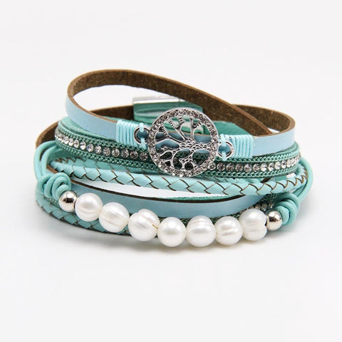 ZG Multiple Layers Punk Leather Bracelet For Men & Women Tree of Life jewelry Pearl  Rhinestone Braid Charms Bracelets femme