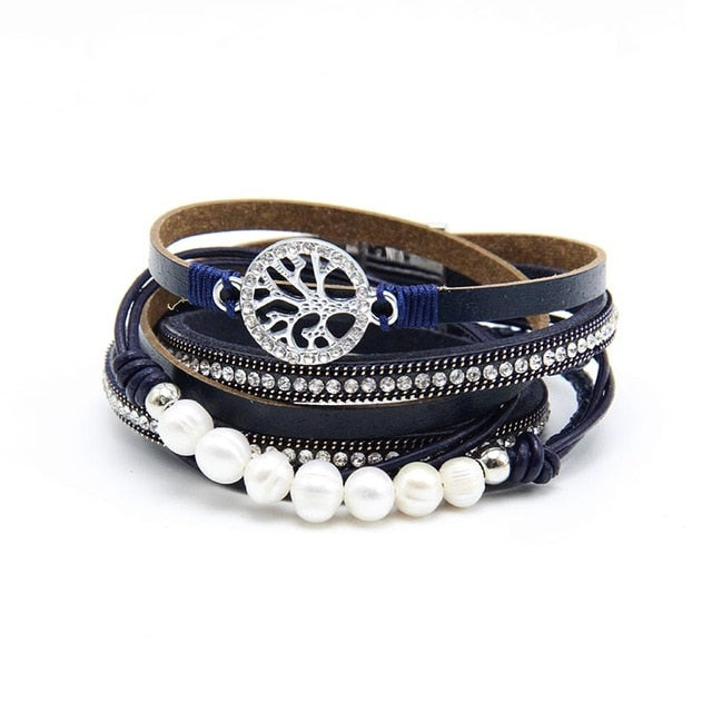 ZG Multiple Layers Punk Leather Bracelet For Men & Women Tree of Life jewelry Pearl  Rhinestone Braid Charms Bracelets femme