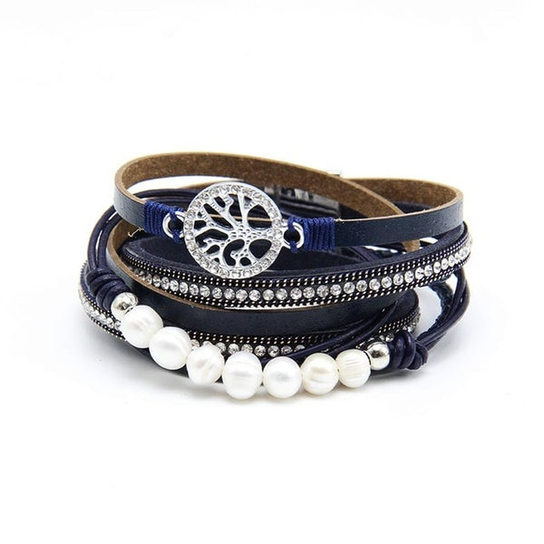 ZG Multiple Layers Punk Leather Bracelet For Men & Women Tree of Life jewelry Pearl  Rhinestone Braid Charms Bracelets femme
