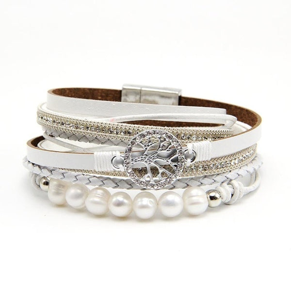 ZG Multiple Layers Punk Leather Bracelet For Men & Women Tree of Life jewelry Pearl  Rhinestone Braid Charms Bracelets femme