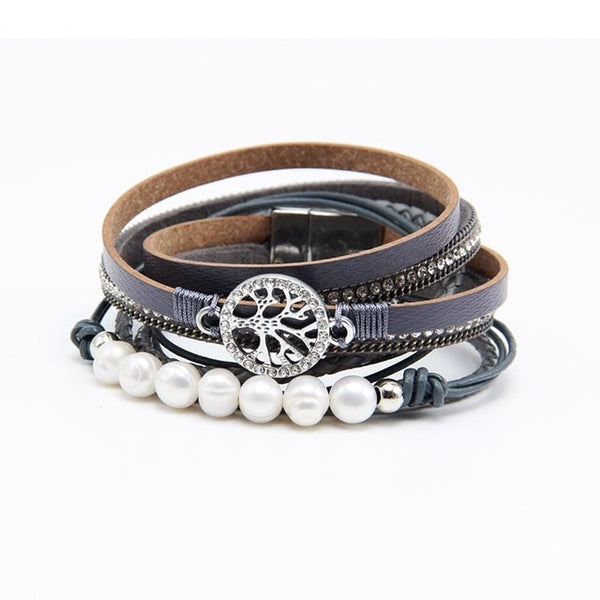 ZG Multiple Layers Punk Leather Bracelet For Men & Women Tree of Life jewelry Pearl  Rhinestone Braid Charms Bracelets femme
