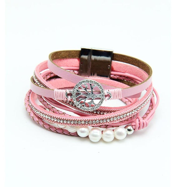 ZG Multiple Layers Punk Leather Bracelet For Men & Women Tree of Life jewelry Pearl  Rhinestone Braid Charms Bracelets femme