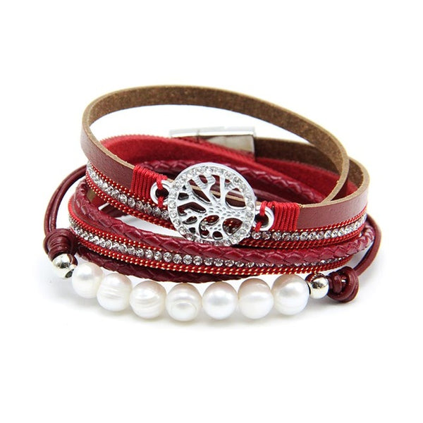 ZG Multiple Layers Punk Leather Bracelet For Men & Women Tree of Life jewelry Pearl  Rhinestone Braid Charms Bracelets femme