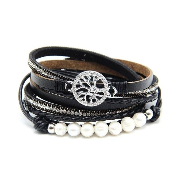 ZG Multiple Layers Punk Leather Bracelet For Men & Women Tree of Life jewelry Pearl  Rhinestone Braid Charms Bracelets femme