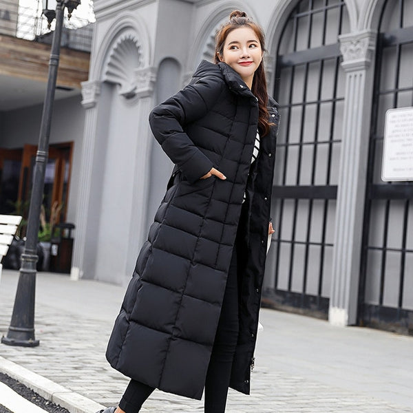Fashion Winter Jacket Women Big Fur Belt Hooded Thick Down