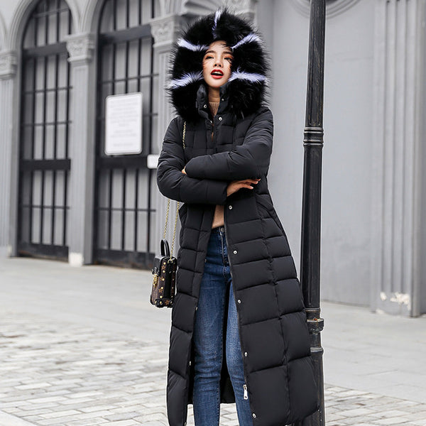 Fashion Winter Jacket Women Big Fur Belt Hooded Thick Down