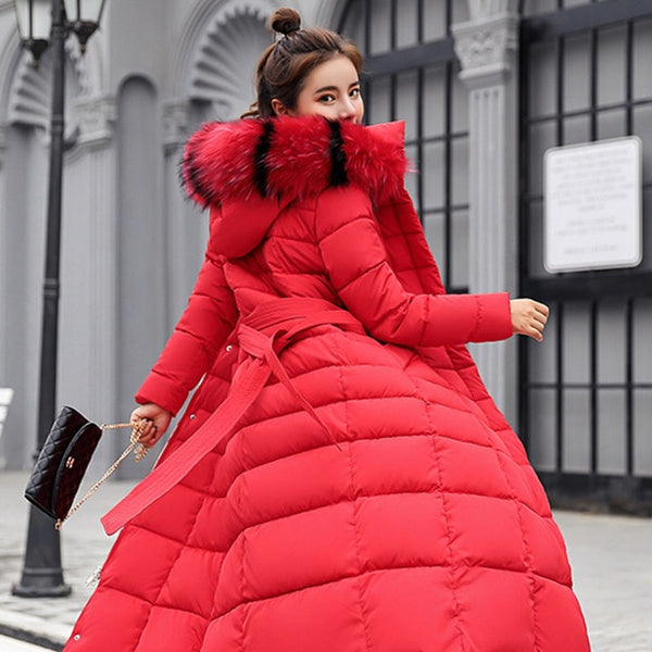Fashion Winter Jacket Women Big Fur Belt Hooded Thick Down
