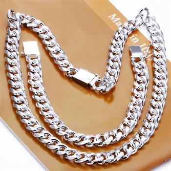 925 Silver jewelry silver set wedding set casual 10mm side chain square buckle men bracelet&necklace silver 2 set CS101